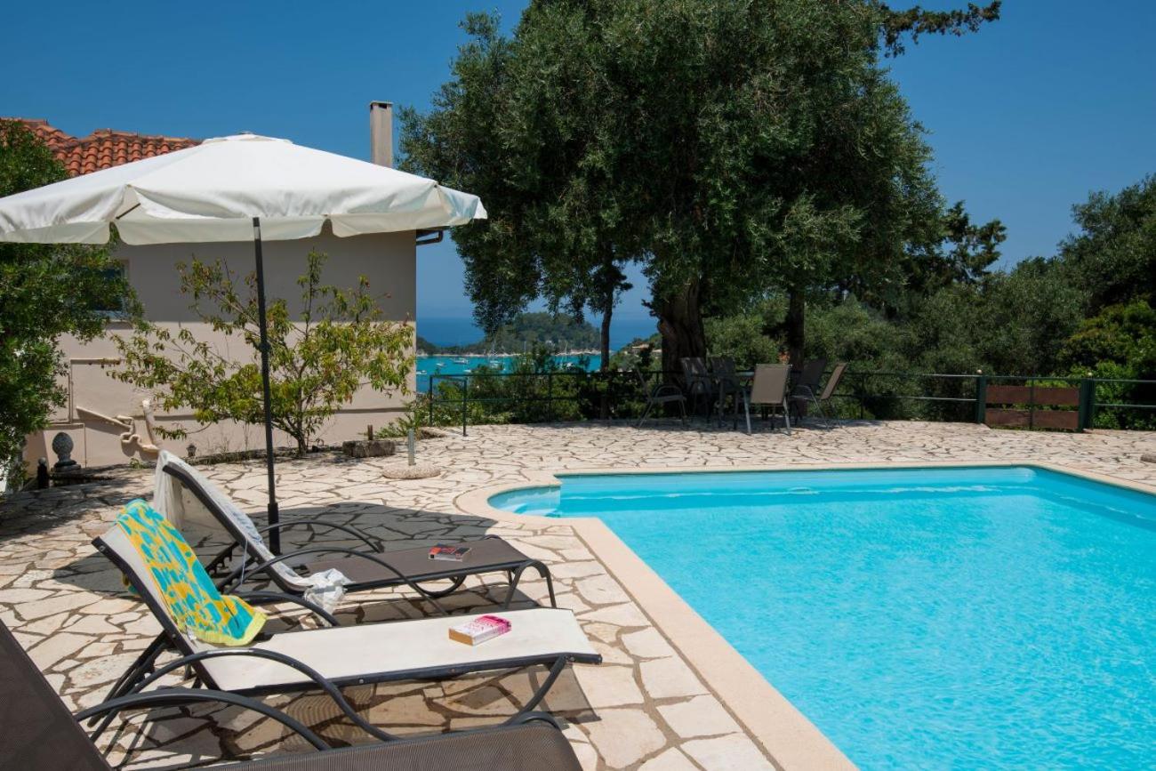 Outdoor pool with sun loungers among olive trees and a distant sea view